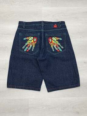 Vintage Miskeen Y2K Embroidered Hand Raw Denim Baggy Jorts